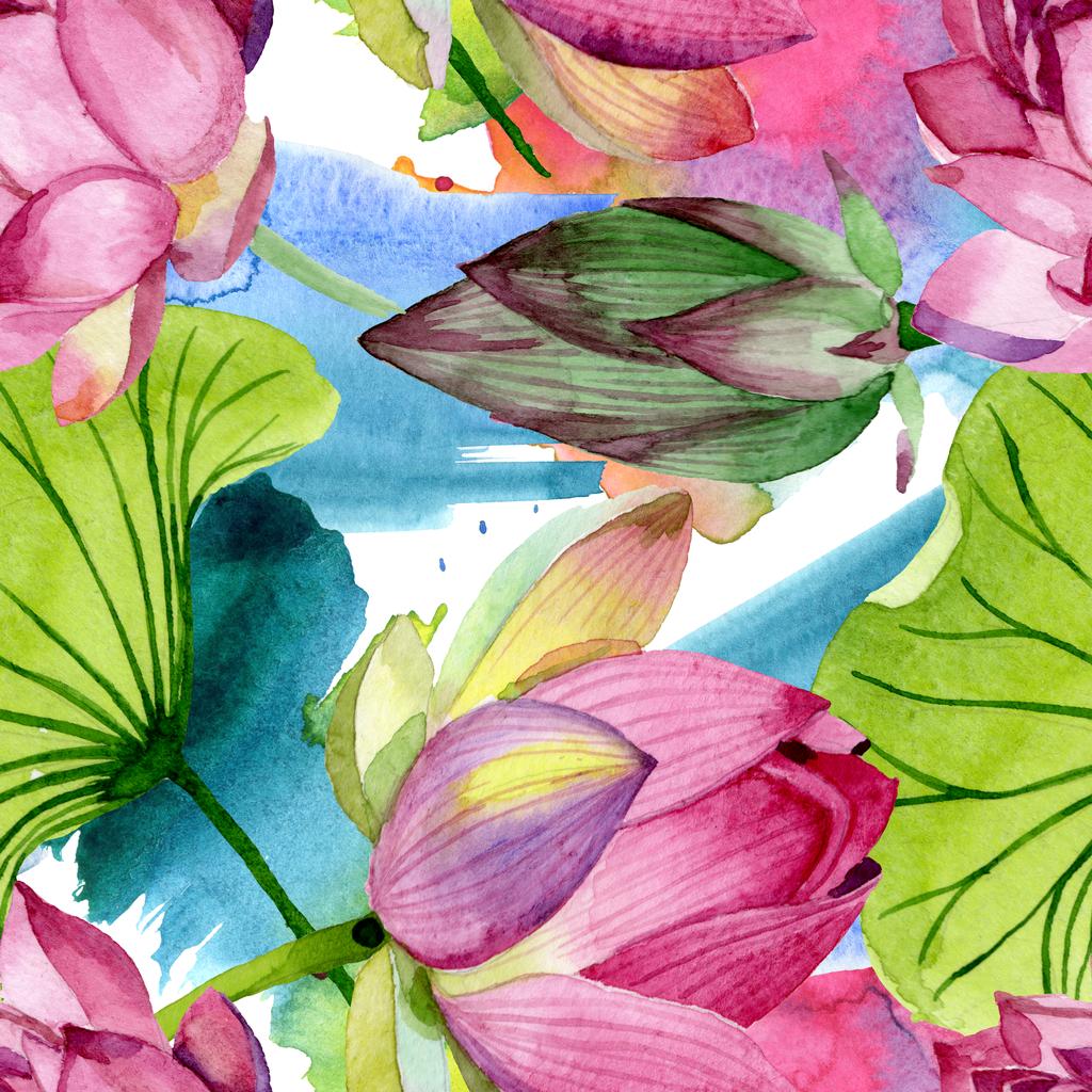 ピンクの蓮の花の植物の花 野生の春の葉の野生の花 水彩イラストセット 水彩画ファッションアクアレル シームレスな背景パターン ファブリック壁紙プリントテクスチャ ロイヤリティフリー写真 画像素材