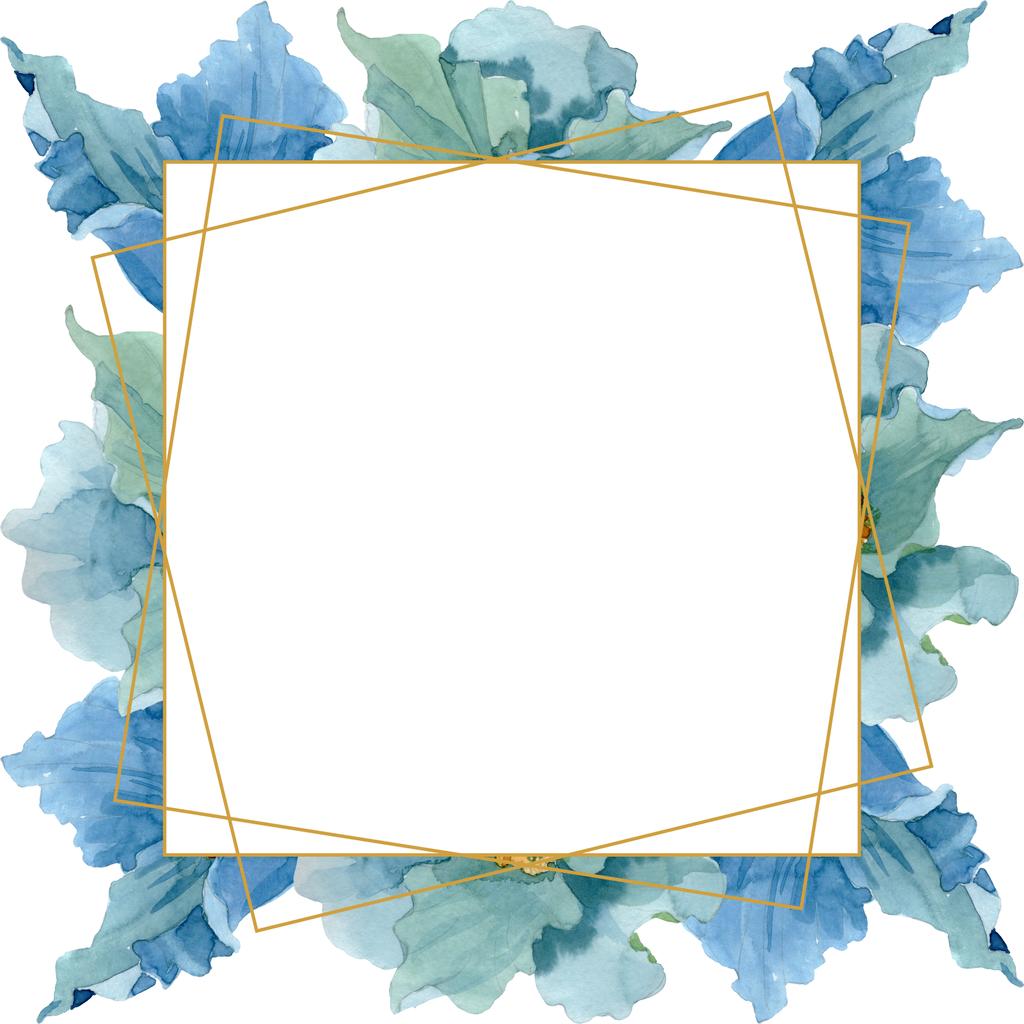 Μπλε παπαρούνας floral λουλούδια βοτανική. Ακουαρέλα φόντο εικόνα σύνολο. Πλαίσιο συνόρων στολίδι τετράγωνο. - Φωτογραφία, εικόνα