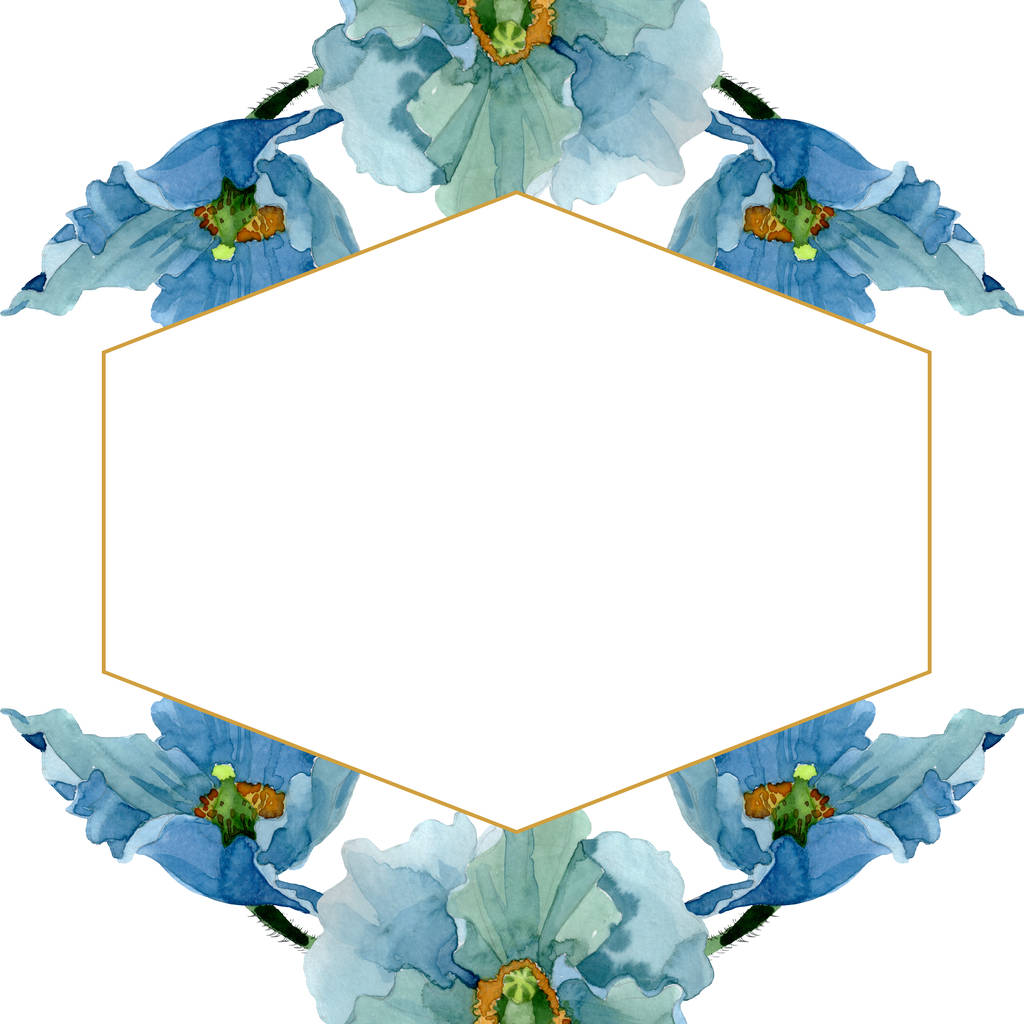 青いケシの花植物花。水彩画背景イラスト セット。フレーム枠飾りスクエア. - 写真・画像