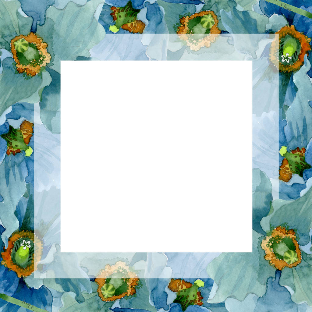 青いケシの花植物花。水彩画背景イラスト セット。フレーム枠飾りスクエア. - 写真・画像