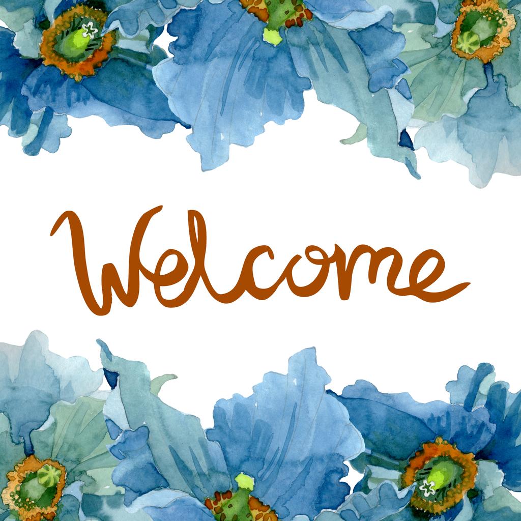 Flor de papoula azul flores botânicas. Conjunto de ilustração de fundo aquarela. Quadro borda ornamento quadrado
. - Foto, Imagem