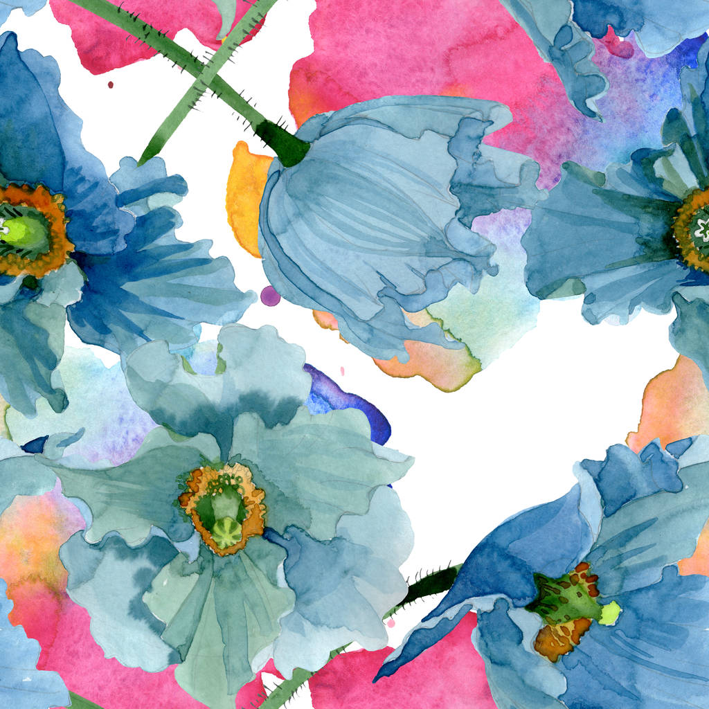 Blauer Klatschmohn mit botanischen Blüten. Aquarell Hintergrundillustration Set. nahtloses Hintergrundmuster. - Foto, Bild