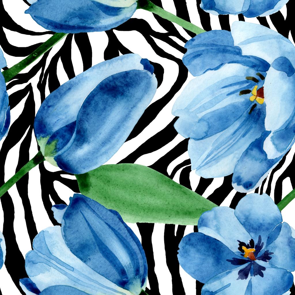 Azul tulipa flores botânicas florais. Conjunto de ilustração de fundo aquarela. Padrão de fundo sem costura
. - Foto, Imagem