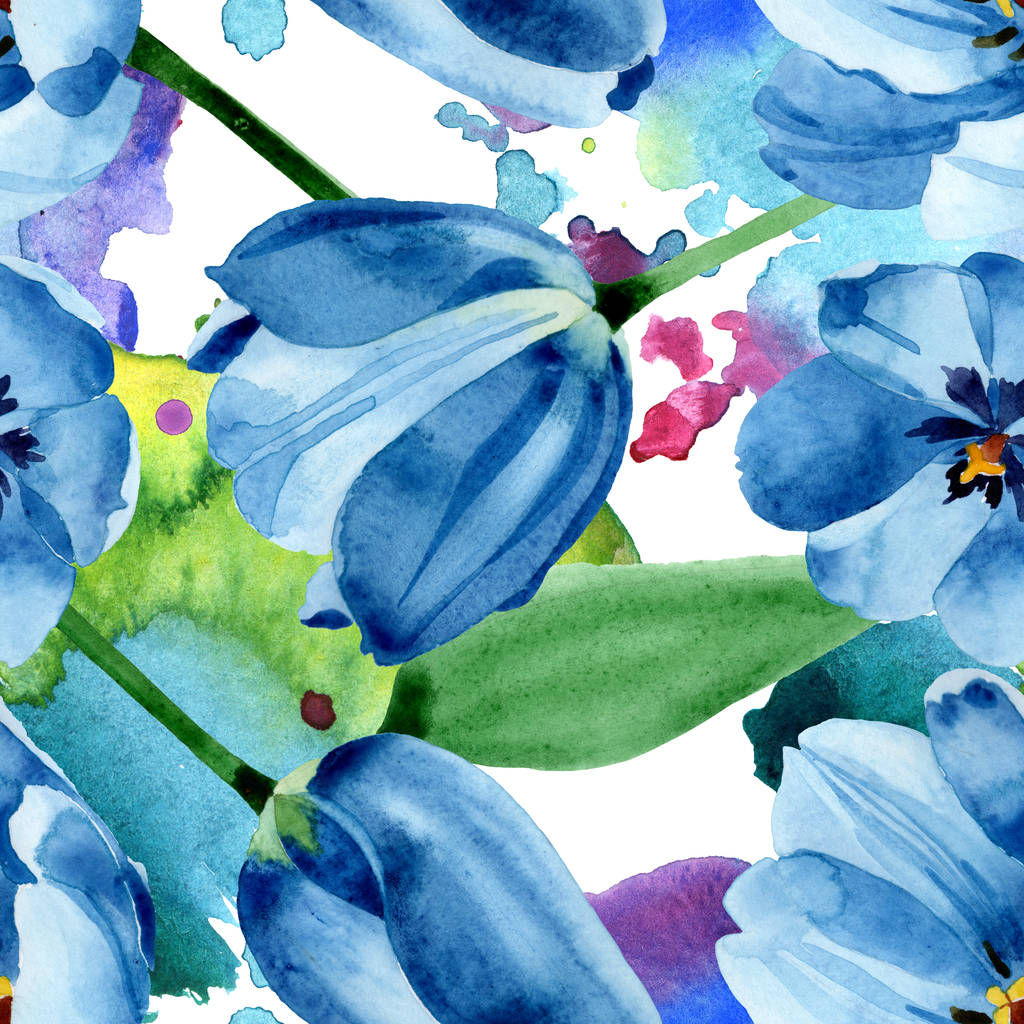 Sininen tulppaani kukka kasvitieteellinen kukkia. Vesiväri tausta kuvitussarja. Saumaton taustakuvio
. - Valokuva, kuva