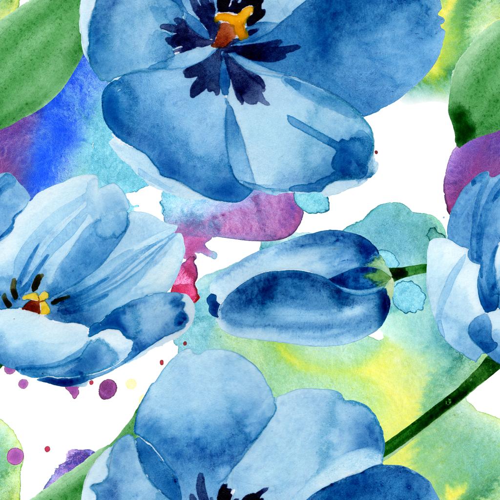 Kék tulipán virágos botanikai virágok. Akvarell háttér illusztráció meg. Folytonos háttérmintázat. - Fotó, kép