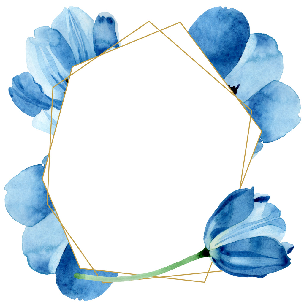 Blauwe tulp bloemen botanische bloemen. Aquarel achtergrond illustratie instellen. Frame rand ornament vierkant. - Foto, afbeelding