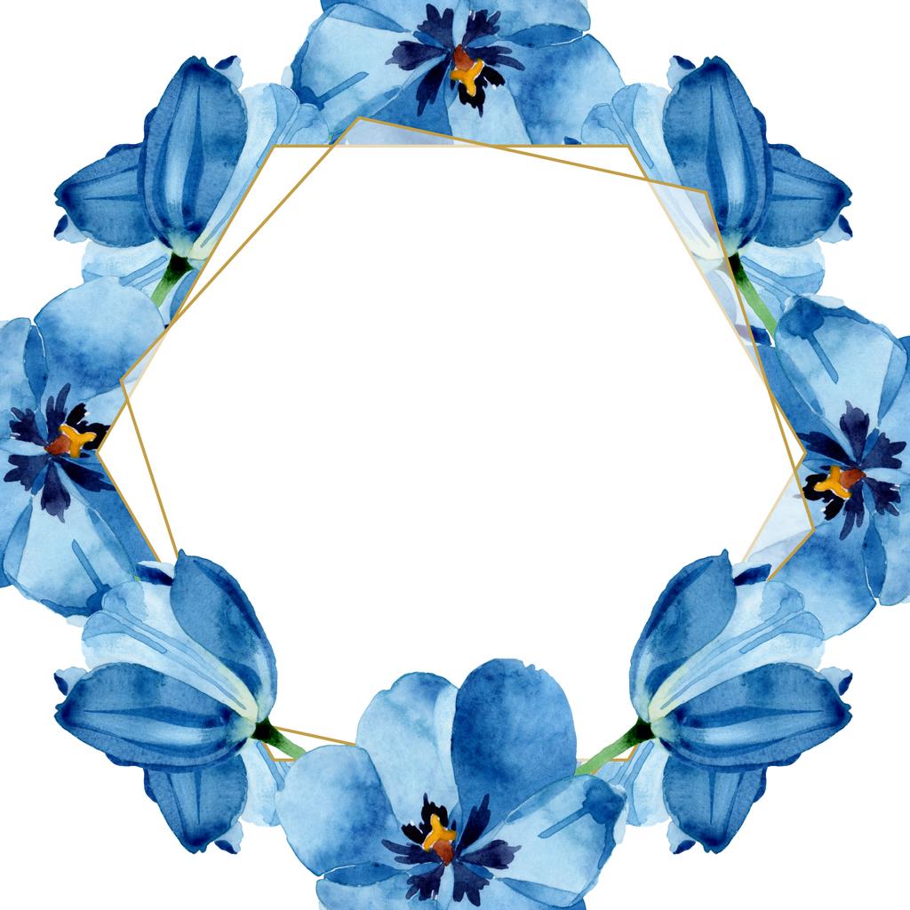 青いチューリップの花の植物の花。●水彩背景イラストセット。フレームボーダーオーナメント正方形. - 写真・画像