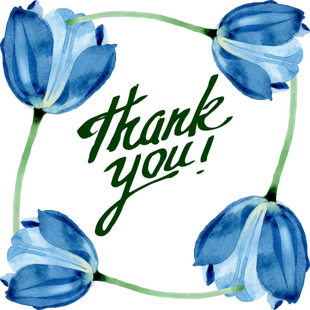 Flores botánicas florales de tulipán azul. Conjunto de ilustración de fondo acuarela. Marco borde ornamento cuadrado
. - Foto, Imagen
