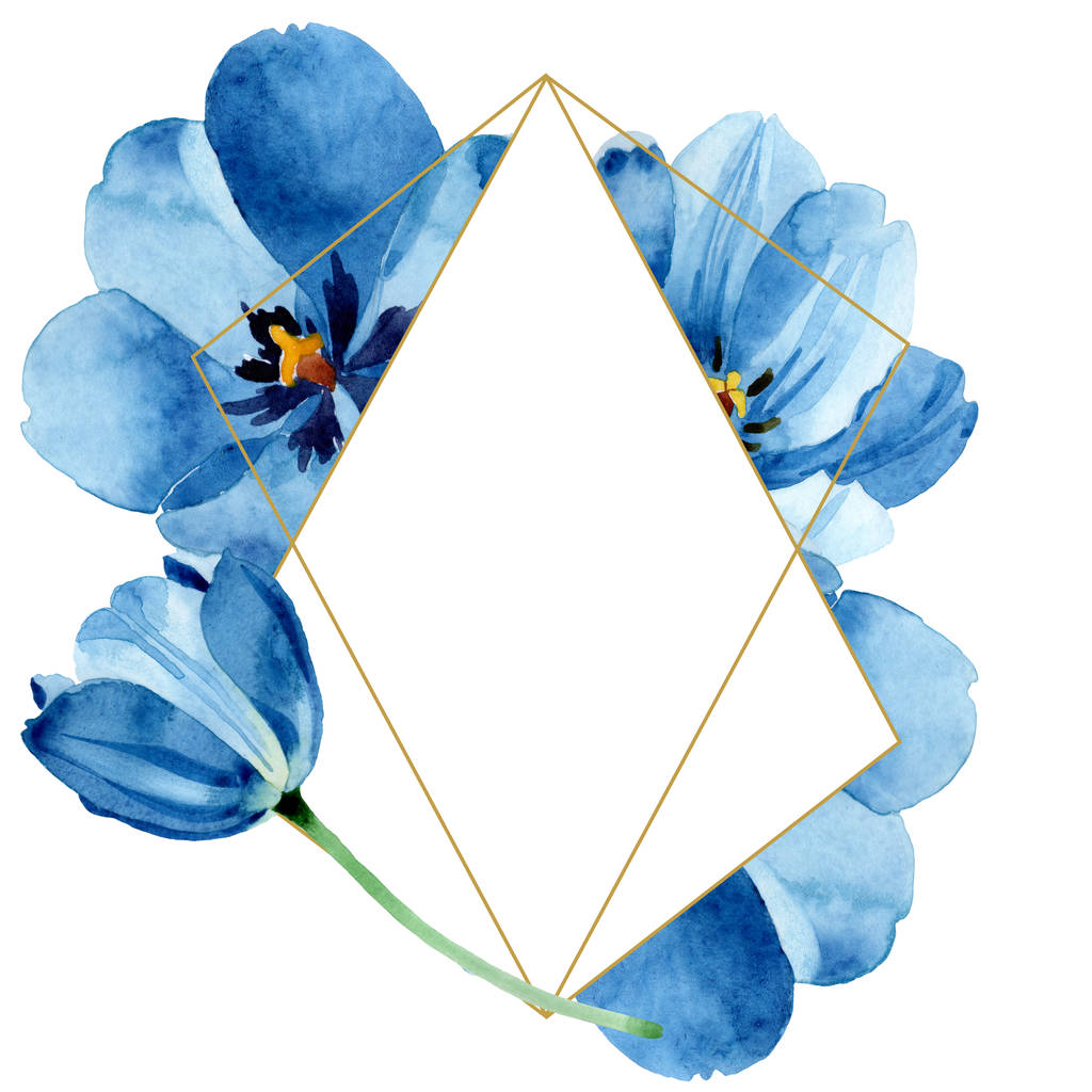 Blaue Tulpe mit botanischen Blüten. Aquarell Hintergrundillustration Set. Rahmen Rand Ornament Quadrat. - Foto, Bild