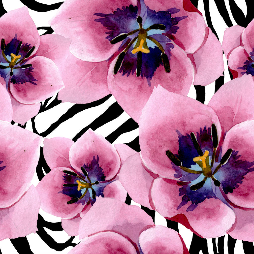 ピンクのチューリップ花植物の花。●水彩背景イラストセット。シームレスな背景パターン. - 写真・画像