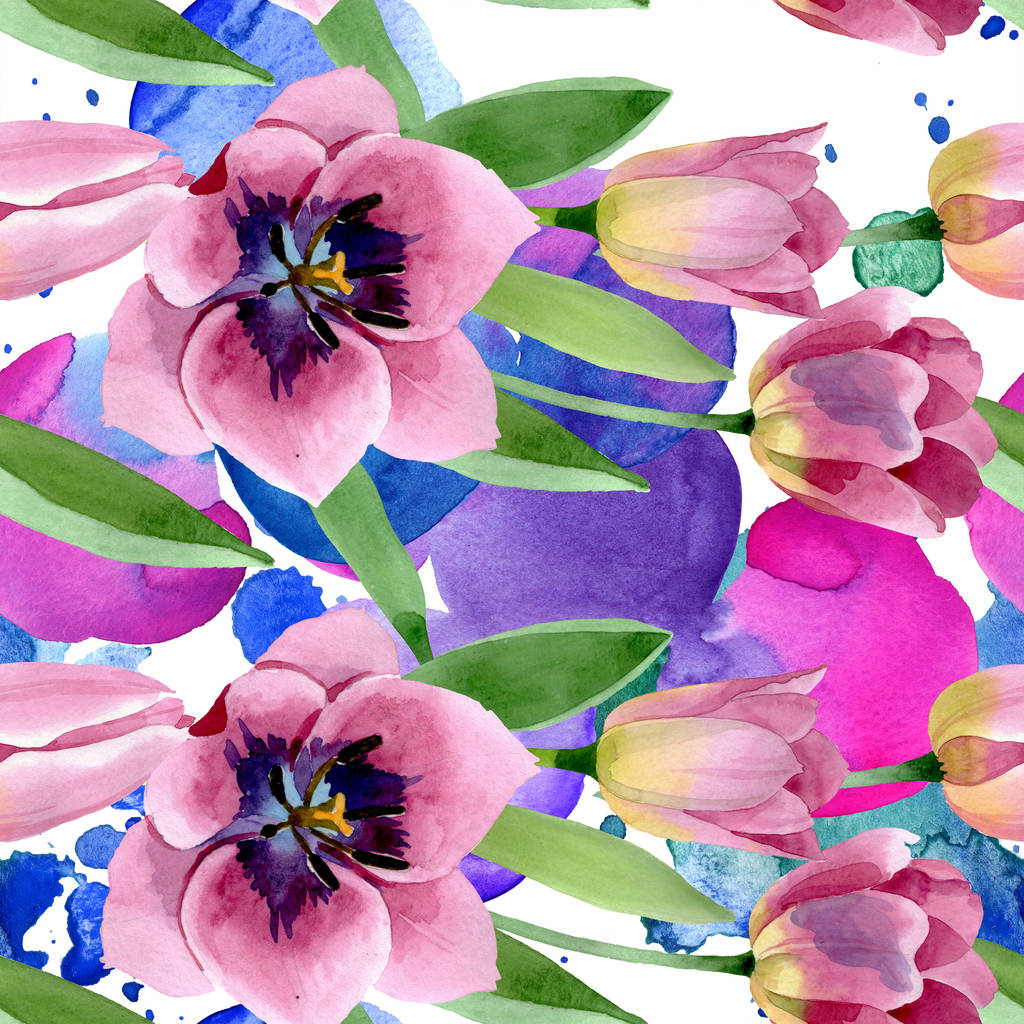 ピンクのチューリップ花植物の花。●水彩背景イラストセット。シームレスな背景パターン. - 写真・画像