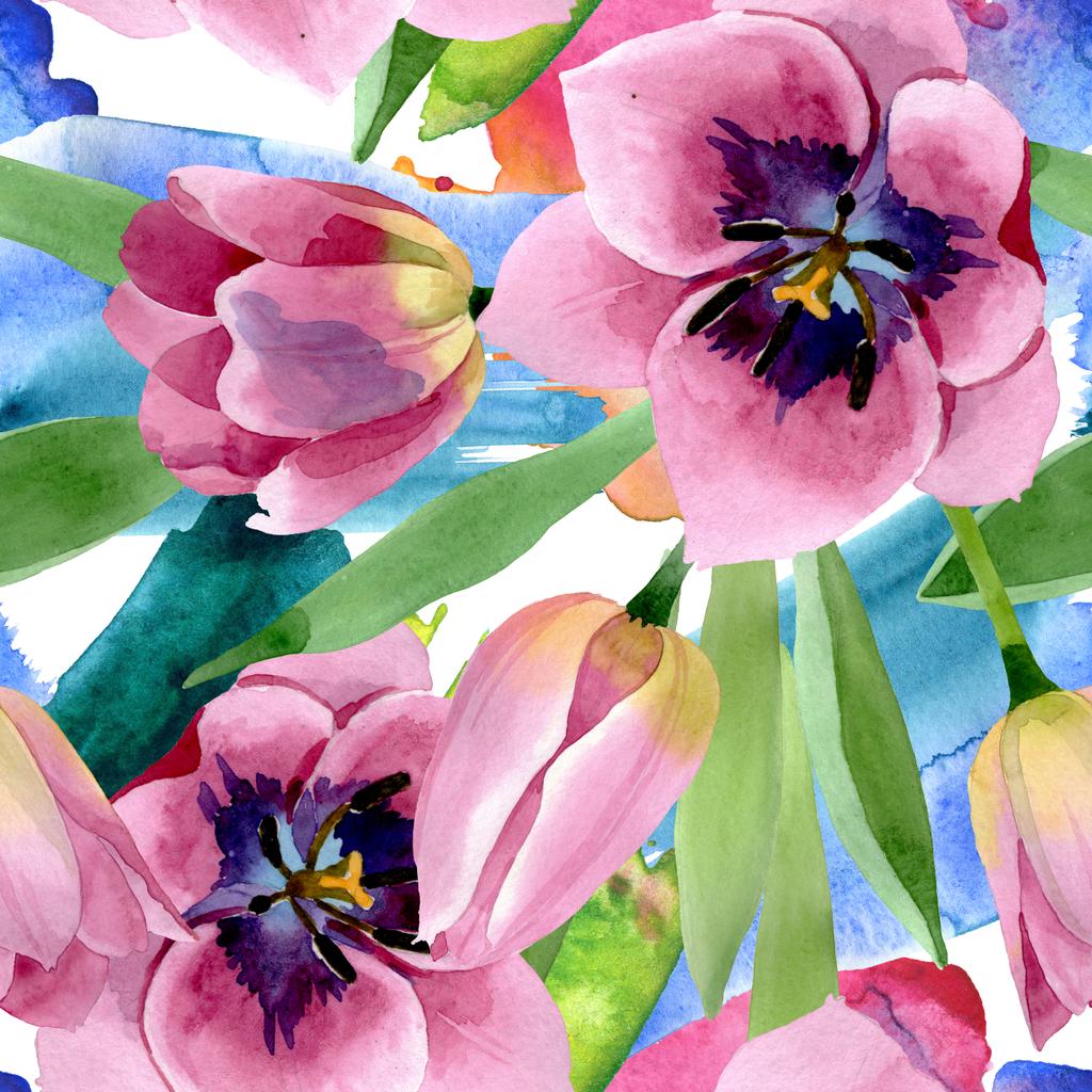 Розовые тюльпаны цветочные ботанические цветы. Набор акварельных фонов. Бесшовный рисунок фона
. - Фото, изображение