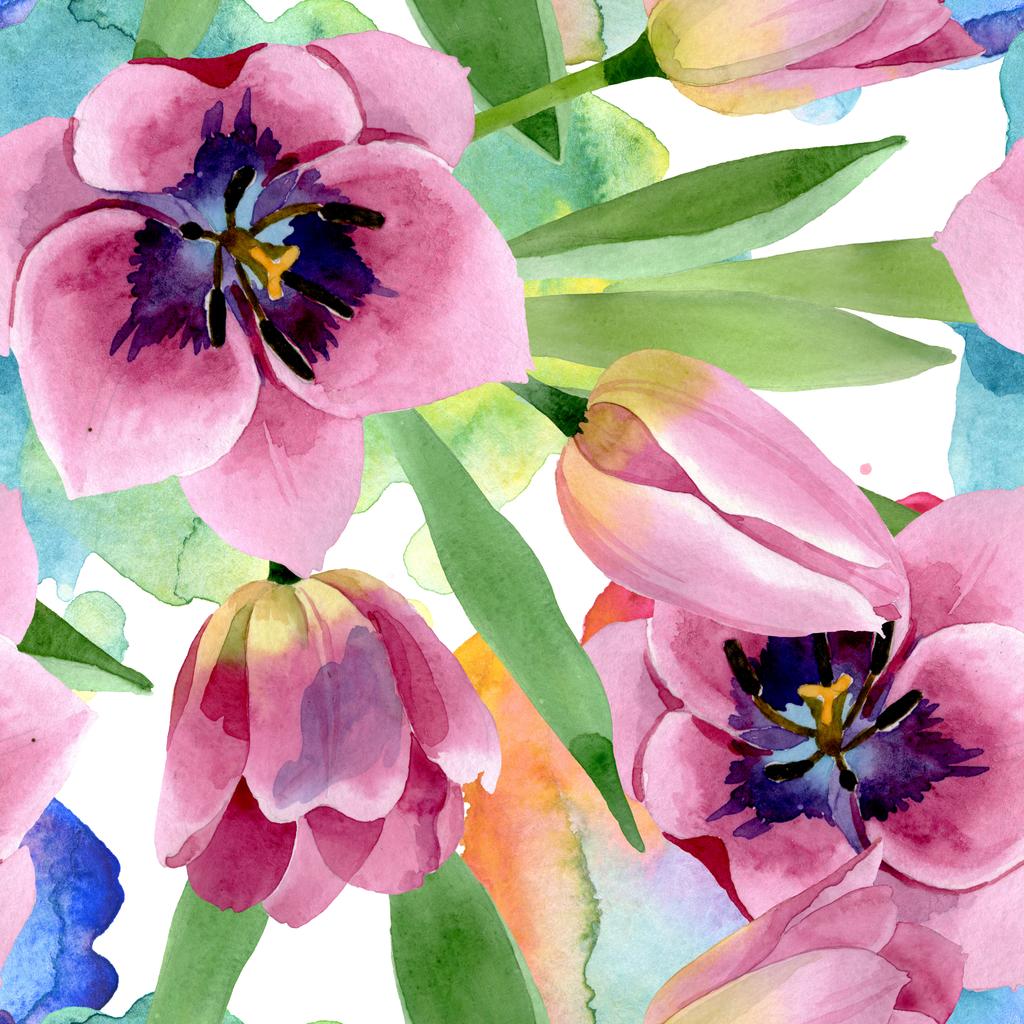 Tulipanes rosados flores botánicas florales. Conjunto de ilustración de fondo acuarela. Patrón de fondo sin costuras
. - Foto, Imagen