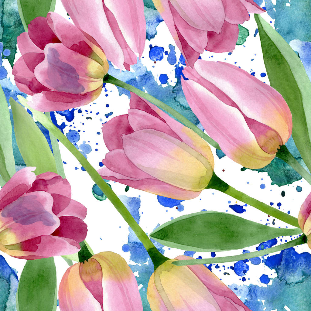 ピンクのチューリップ花植物の花 野生の春の葉の野生の花 水彩イラストセット 水彩画ファッションアクアレル シームレスな背景パターン ファブリック壁紙プリントテクスチャ ロイヤリティフリー写真 画像素材