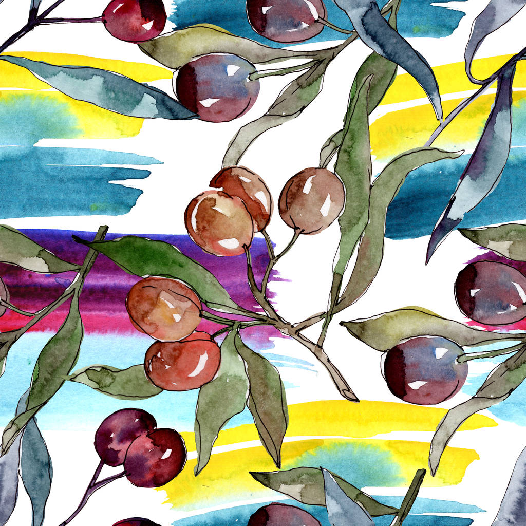 Κλαδί ελιάς με μαύρα και πράσινα φρούτα. Σύνολο εικονογράφησης φόντου. Ομαλή μοτίβο φόντου. - Φωτογραφία, εικόνα