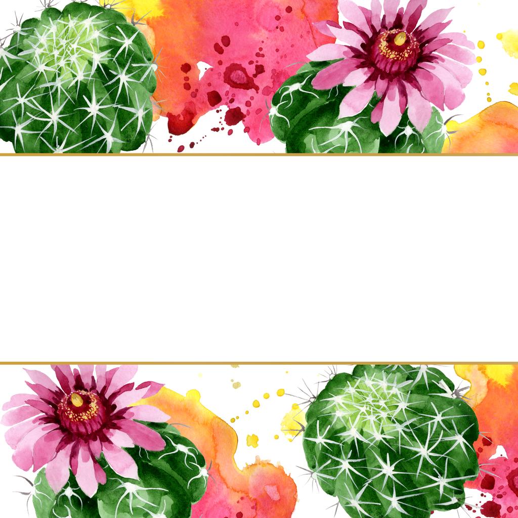grüne Kakteen mit botanischen Blüten. Aquarell Hintergrundillustration Set. Rahmen Rand Ornament Quadrat. - Foto, Bild