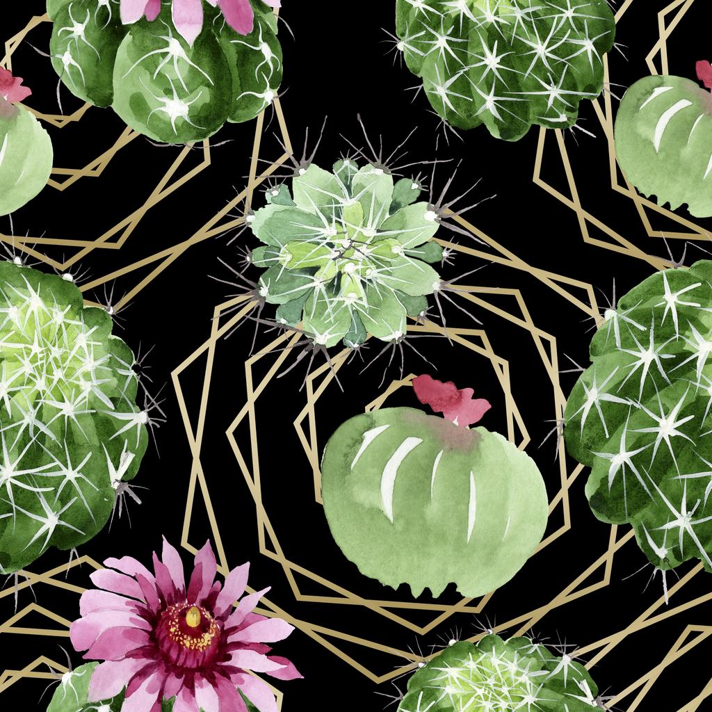 Vihreä kaktus kukka kasvitieteellinen kukkia. Vesiväri tausta kuvitussarja. Saumaton taustakuvio
. - Valokuva, kuva