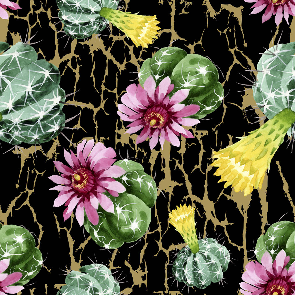Yeşil kaktüs çiçek botanik çiçekleri. Suluboya arka plan illüstrasyon seti. Kesintisiz arka plan deseni. - Fotoğraf, Görsel