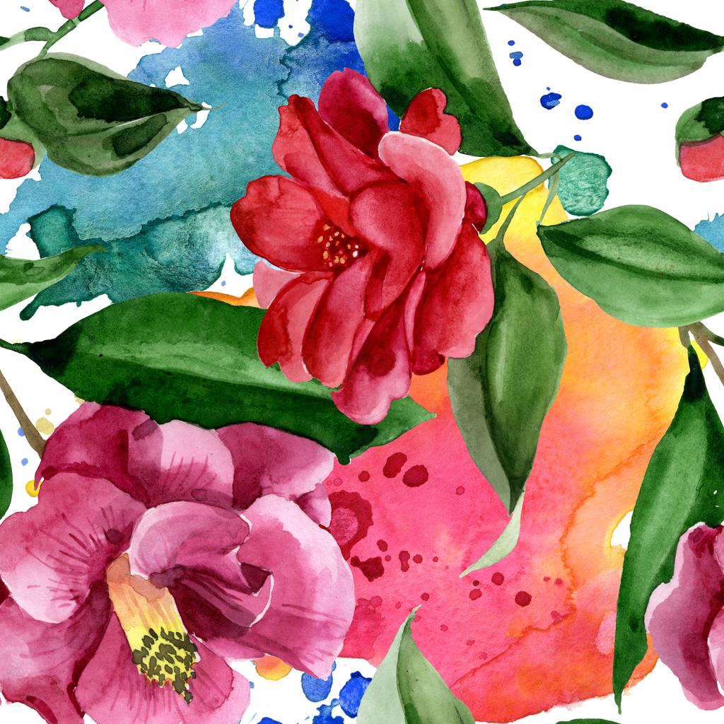 Camélia vermelha flor botânica floral. Conjunto de ilustração de fundo aquarela. Padrão de fundo sem costura
. - Foto, Imagem