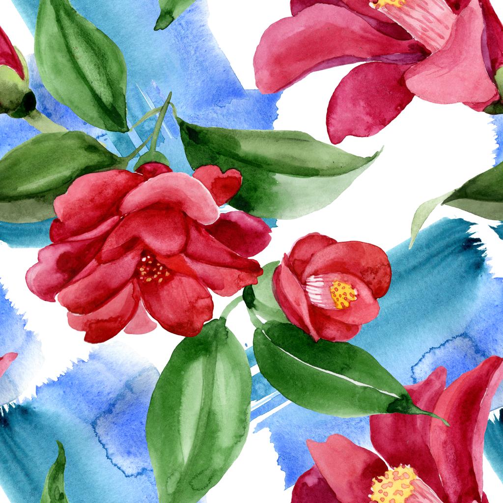 Vörös Camelia virágos botanikus virág. Akvarell háttér illusztráció meg. Folytonos háttérmintázat. - Fotó, kép