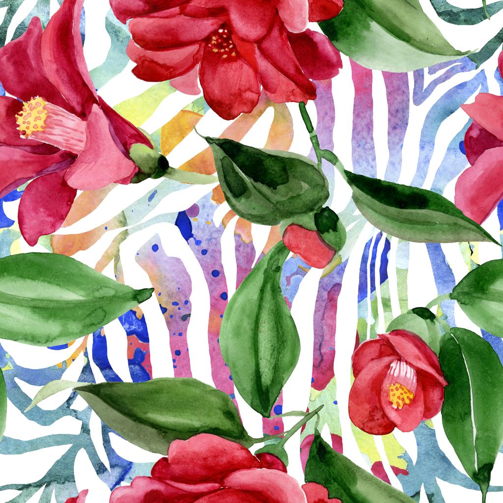 Rote Kamelie blühende botanische Blume. Aquarell Hintergrundillustration Set. nahtloses Hintergrundmuster. - Foto, Bild