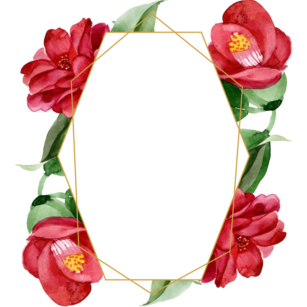 Rote Kamelie blühende botanische Blume. Aquarell Hintergrundillustration Set. Rahmen Rand Ornament Quadrat. - Foto, Bild