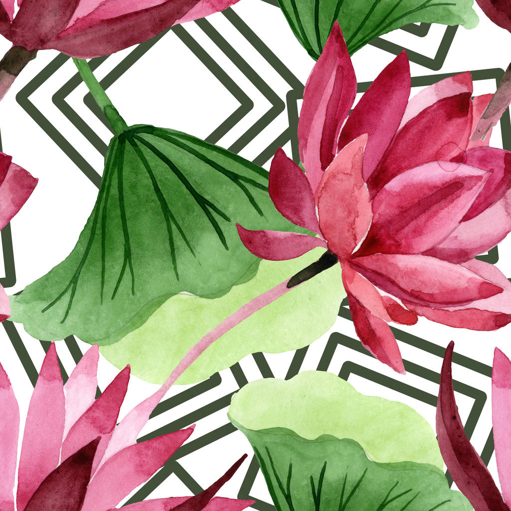 赤蓮の花の植物の花 野生の春の葉の野生の花 水彩イラストセット 水彩画ファッションアクアレル シームレスな背景パターン ファブリック壁紙プリントテクスチャ ロイヤリティフリー写真 画像素材