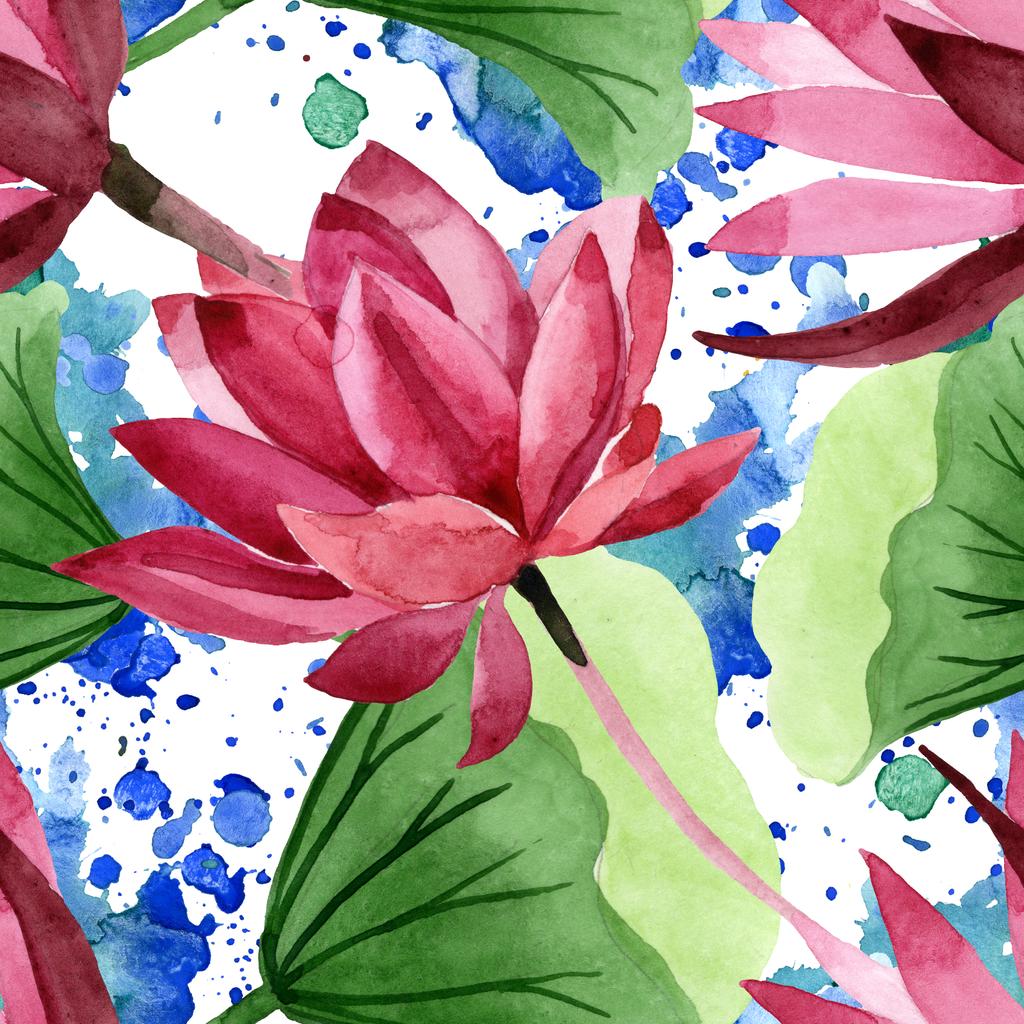 Vörös lótusz virágos botanikus virág. Akvarell háttér illusztráció meg. Folytonos háttérmintázat. - Fotó, kép