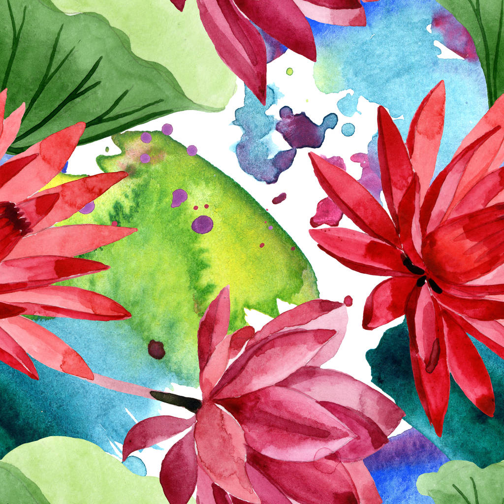 rote botanische Lotusblume. Aquarell Hintergrundillustration Set. nahtloses Hintergrundmuster. - Foto, Bild
