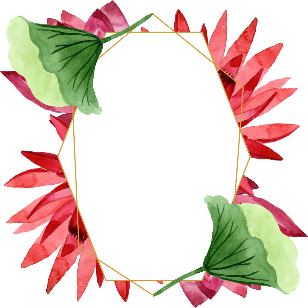 Rode lotusbloemen botanische bloem. Aquarel achtergrond illustratie instellen. Frame rand ornament vierkant. - Foto, afbeelding