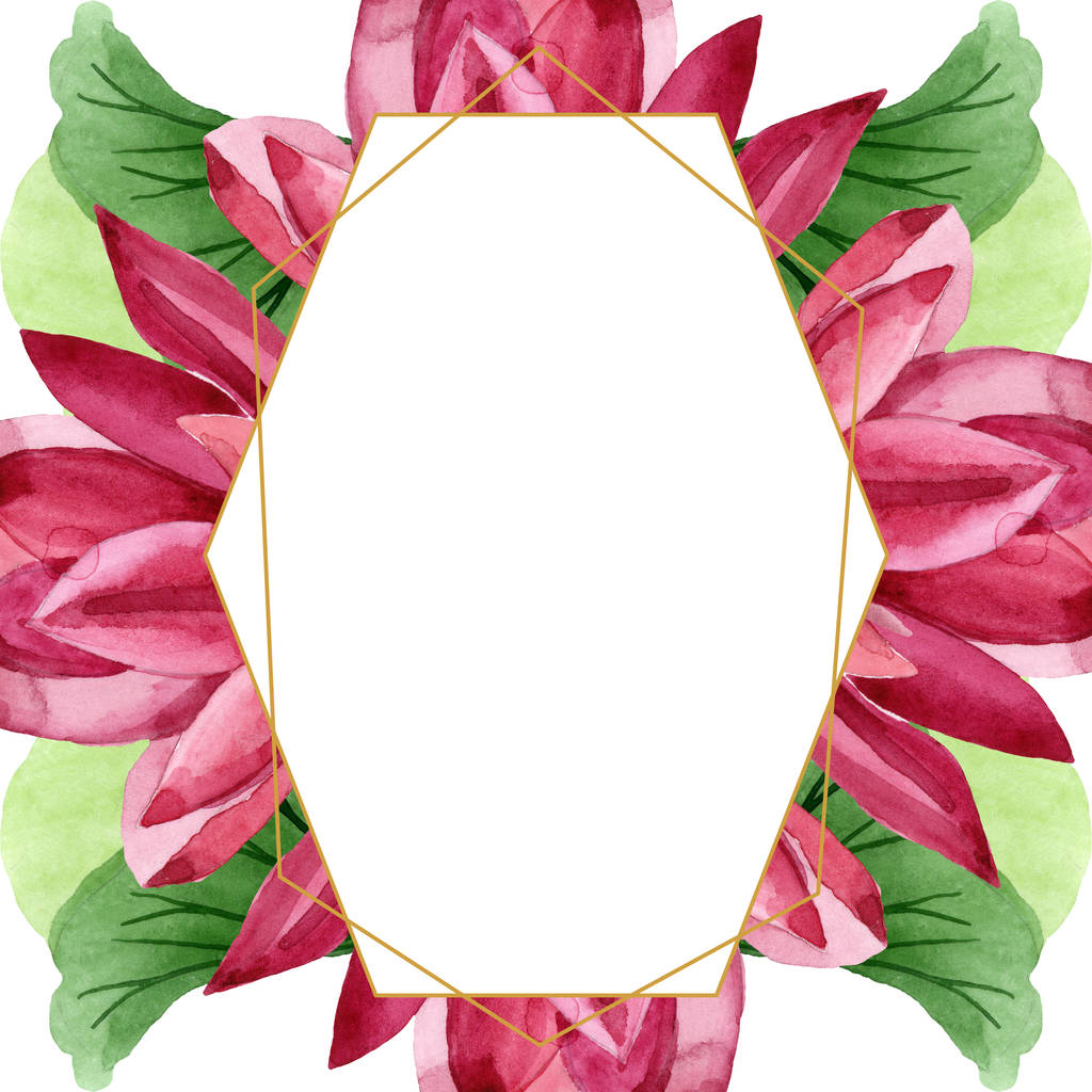 rote botanische Lotusblume. Aquarell Hintergrundillustration Set. Rahmen Rand Ornament Quadrat. - Foto, Bild