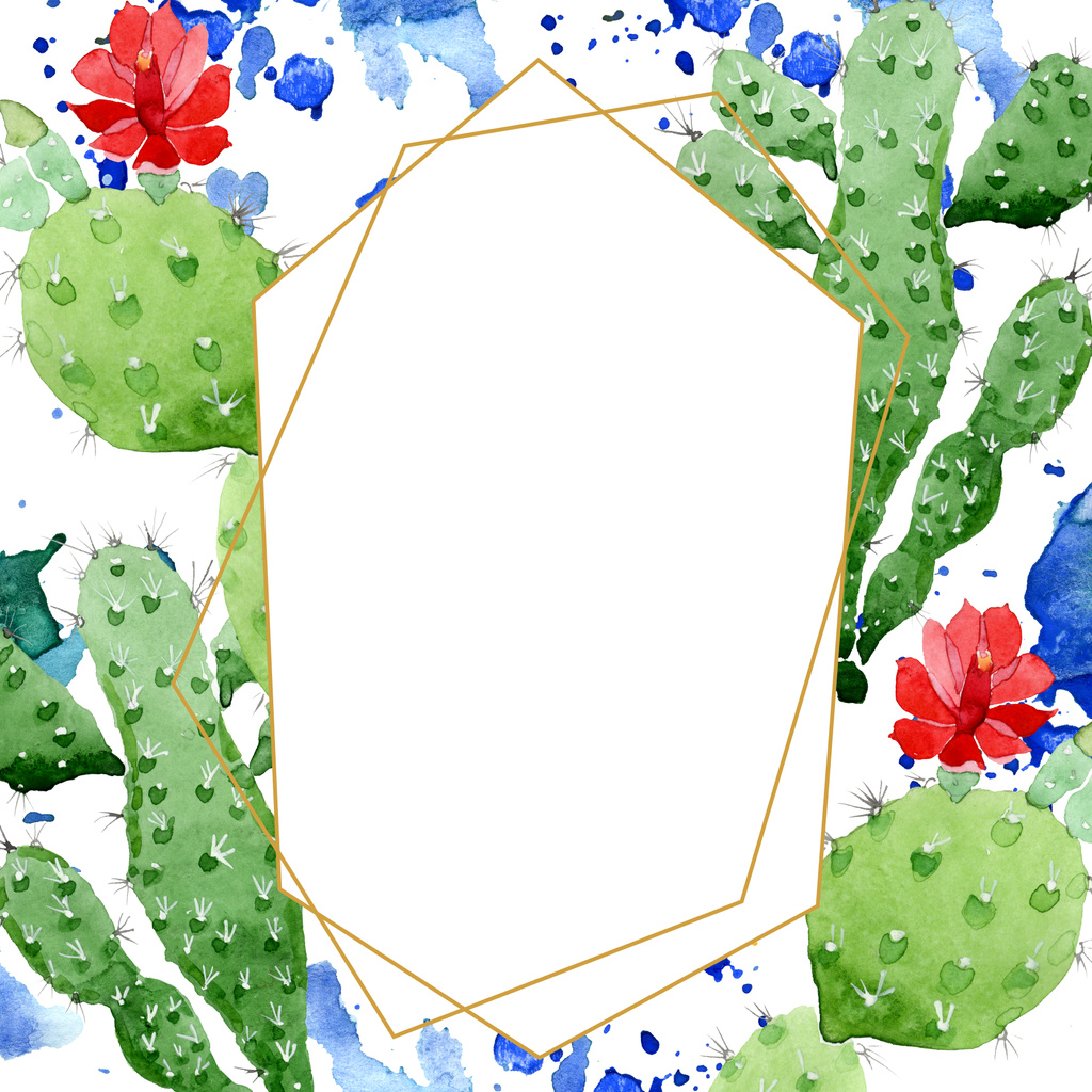緑のサボテンの花の植物の花。●水彩背景イラストセット。フレームボーダーオーナメント正方形. - 写真・画像