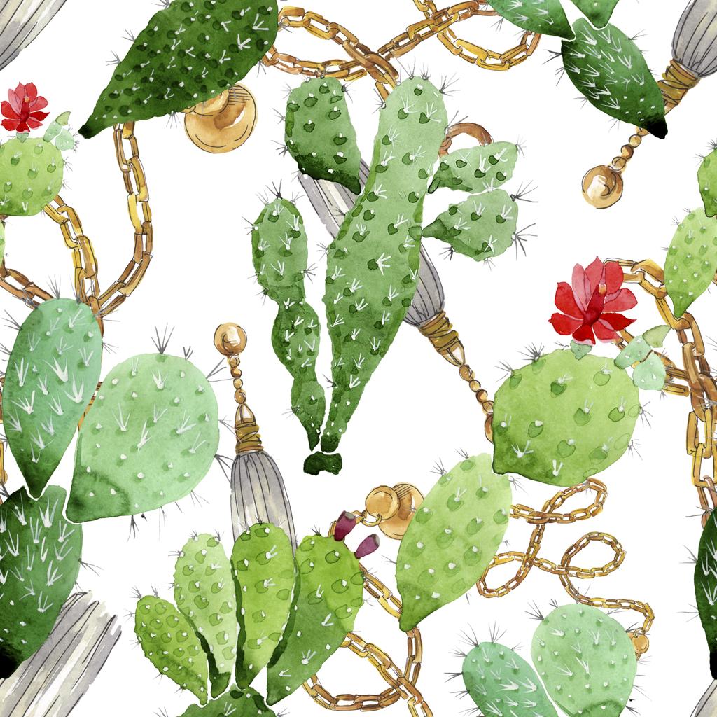 Cacto verde flores botânicas florais. Conjunto de ilustração de fundo aquarela. Padrão de fundo sem costura
. - Foto, Imagem