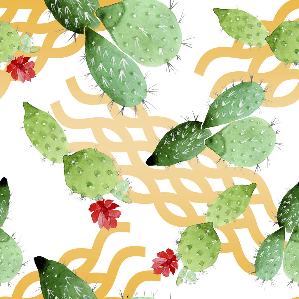 Zöld kaktusz virágos botanikus virágok. Akvarell háttér illusztráció meg. Folytonos háttérmintázat. - Fotó, kép