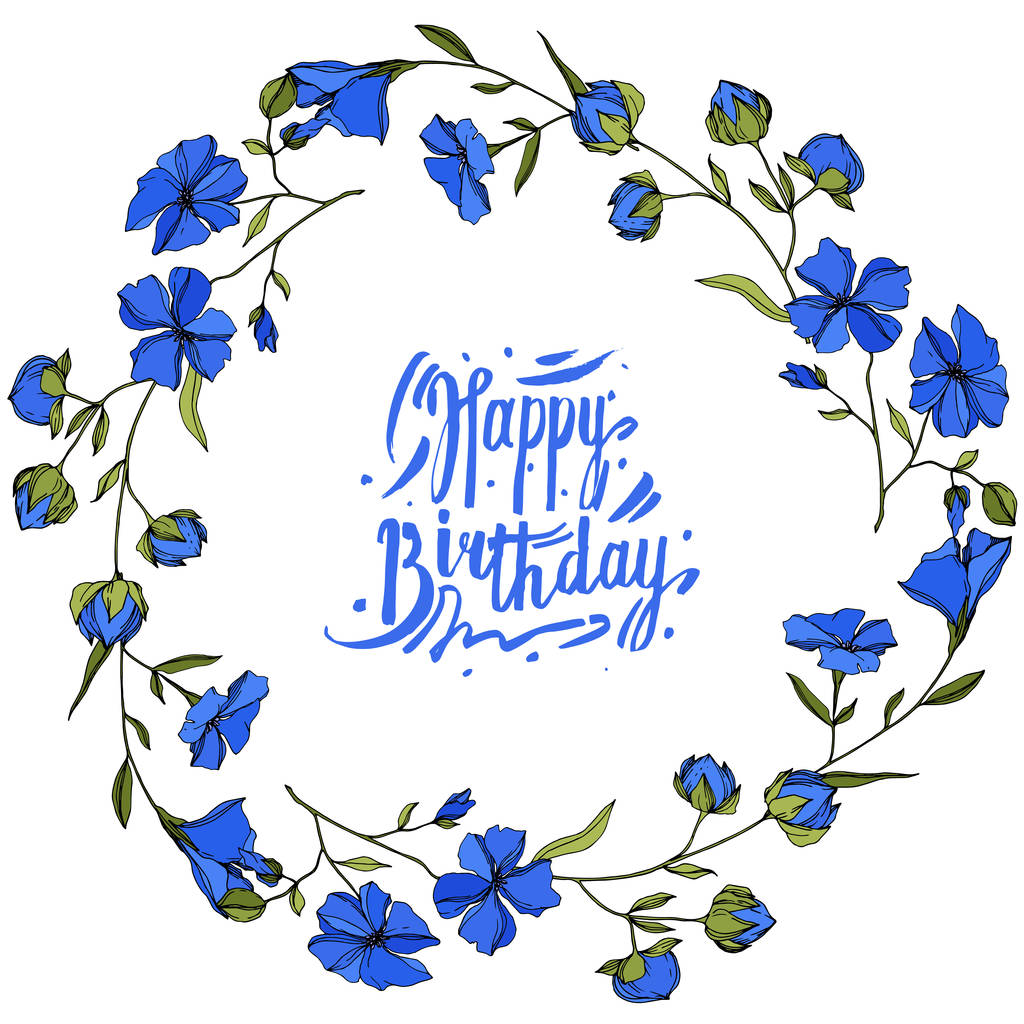 Vector vlas bloemen botanische bloemen. Blauwe en groene gegraveerde inkt kunst. Frame rand ornament vierkant. - Vector, afbeelding