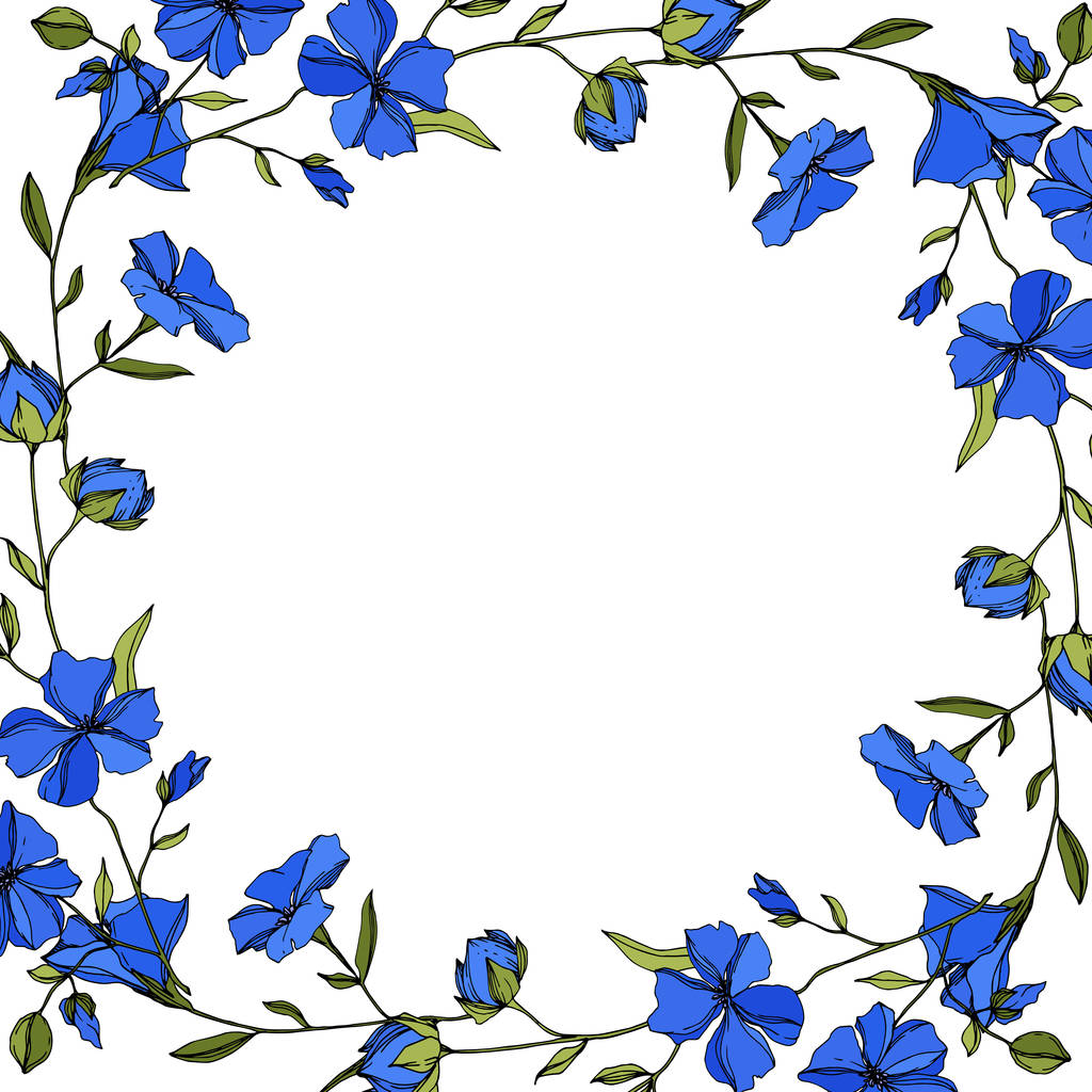 Vector Flax kwiatowy kwiatów botanicznych. Niebieska i zielona grawerowana sztuka atramentu. Obramowanie ramy ornament kwadrat. - Wektor, obraz