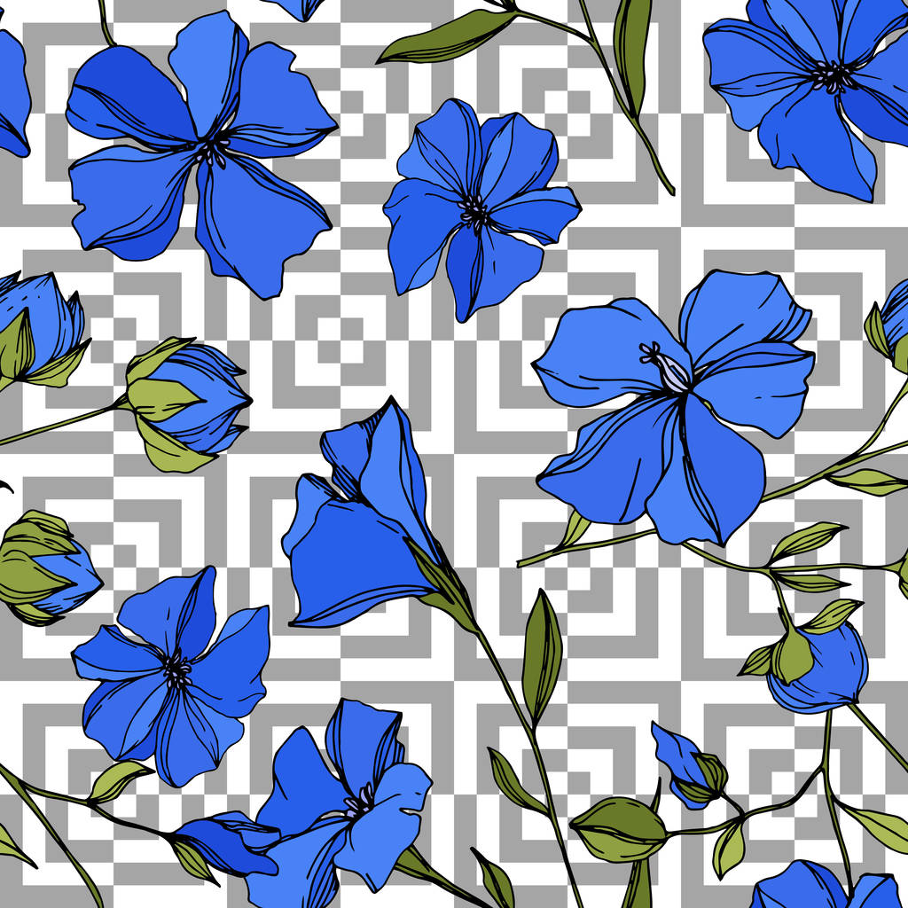 Vector Flax цветочные ботанические цветы. Синие и зеленые гравированные чернила. Бесшовный рисунок фона
. - Вектор,изображение