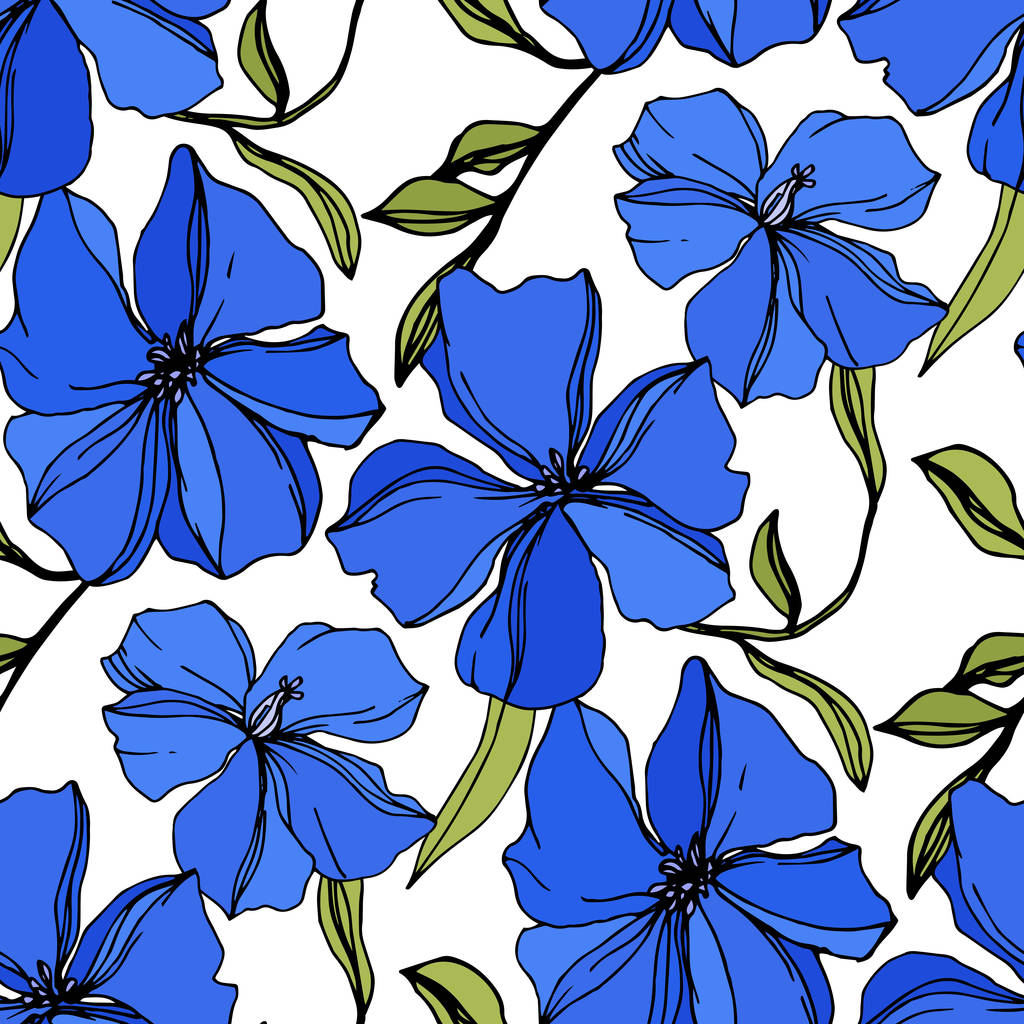 Vektor len virágos botanikai virágok. Kék és zöld gravírozott tinta művészet. Folytonos háttérmintázat. - Vektor, kép