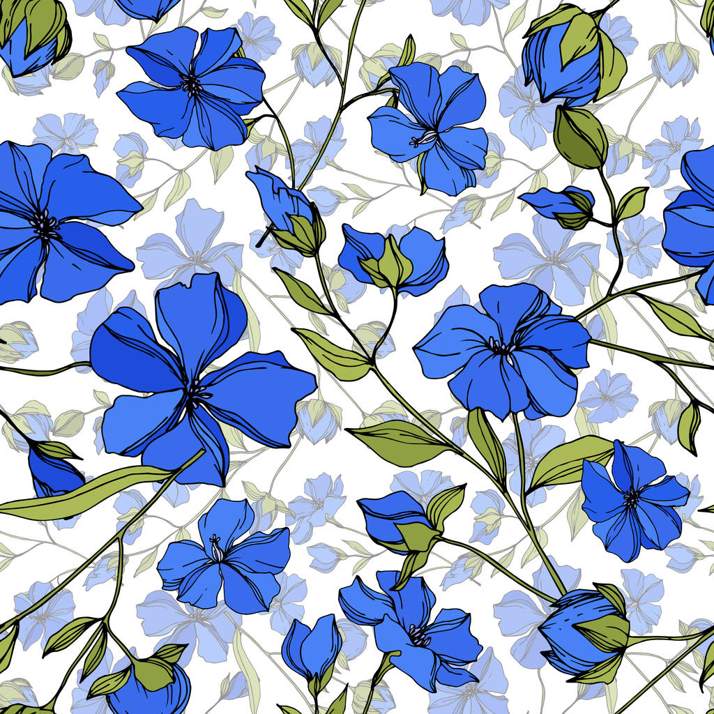 ベクトル亜麻花植物の花。青と緑のインクアート。シームレスな背景パターン. - ベクター画像
