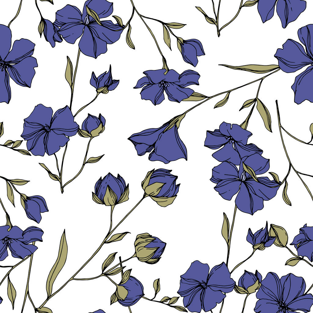 Vector Flax floral botanical flowers. Blue and green engraved ink art. Seamless background pattern. - Vector, Image