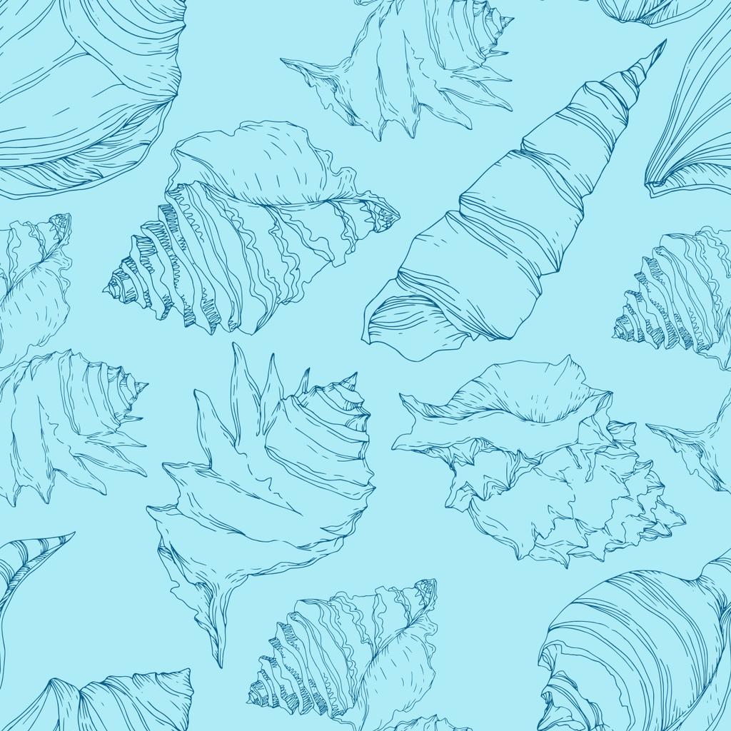 Playa de verano elementos tropicales de concha marina. Tinta grabada en blanco y negro. Patrón de fondo sin costuras
. - Vector, imagen