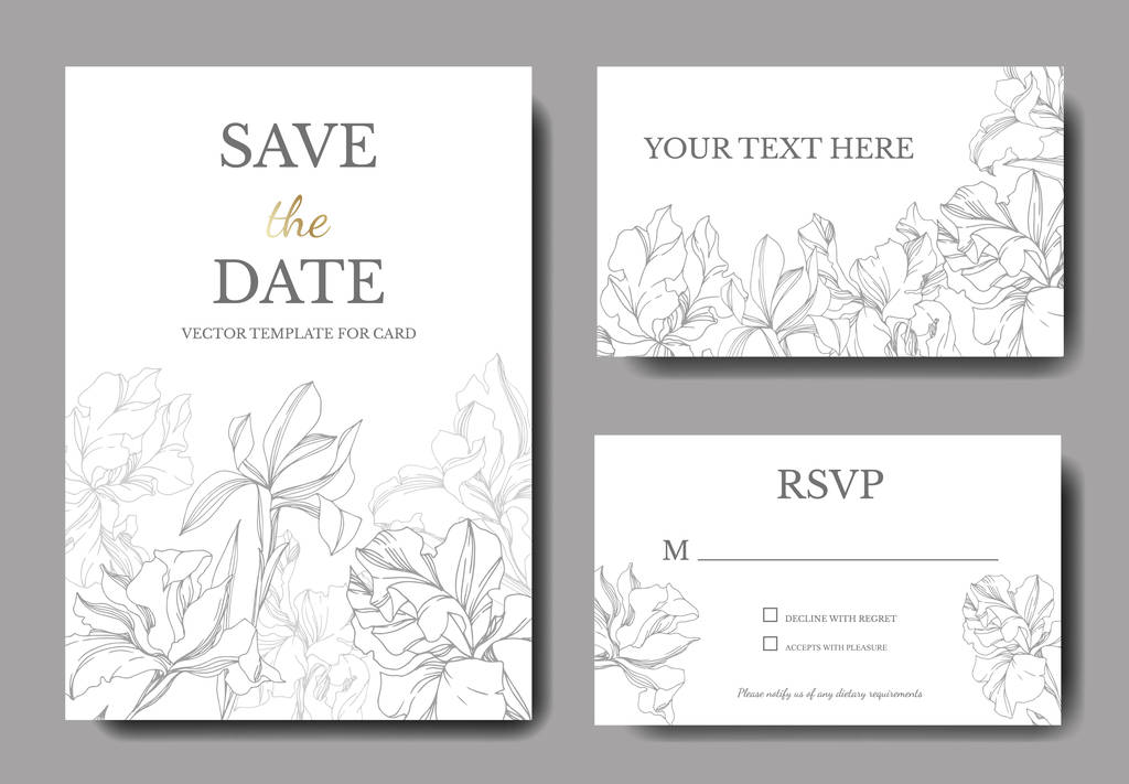 Iris fleurs botaniques florales. Encre gravée en noir et blanc. Carte de fond de mariage bordure décorative florale
. - Vecteur, image