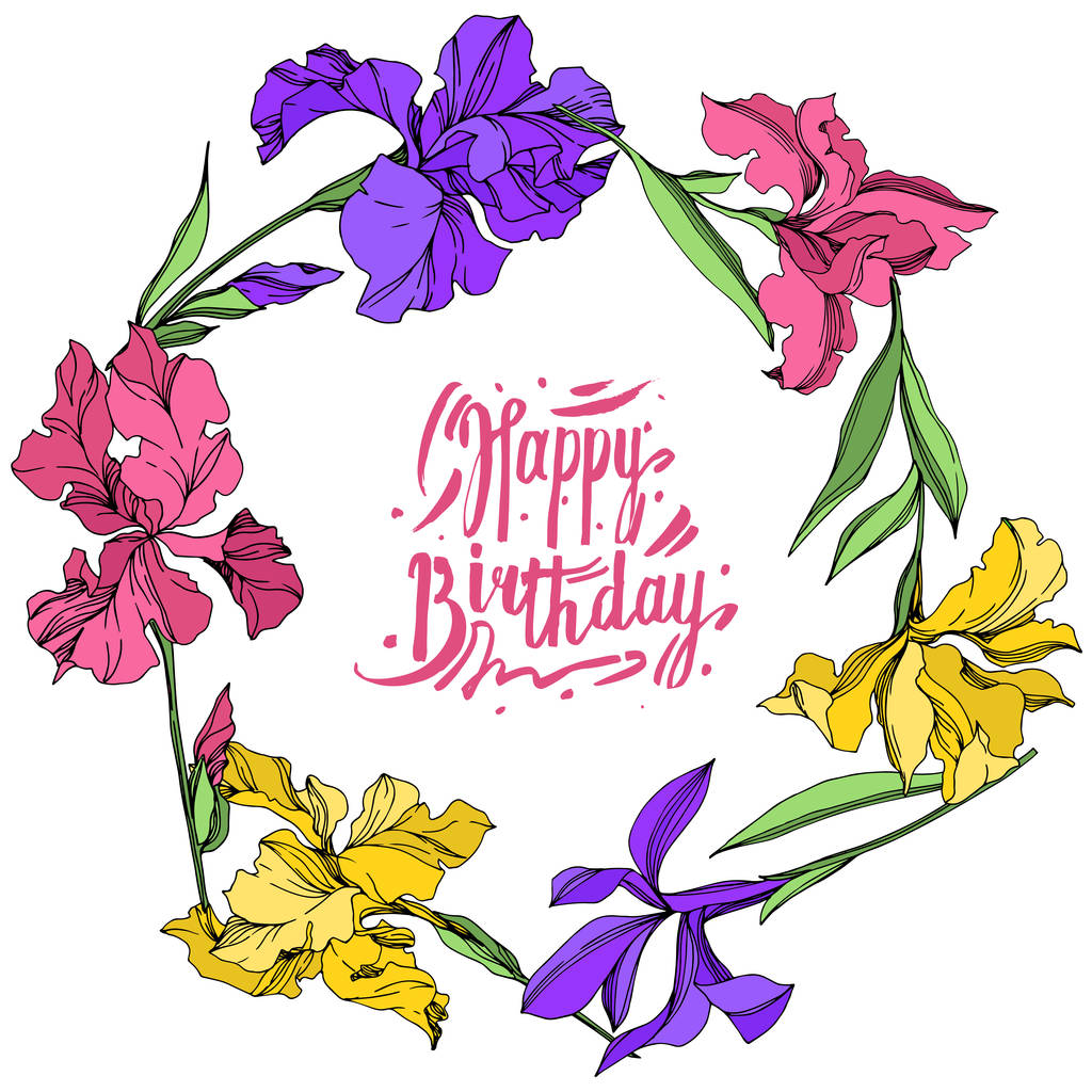 Iris florale botanische Blumen. Aquarell Hintergrundillustration Set. Rahmen Rand Ornament Quadrat. - Vektor, Bild
