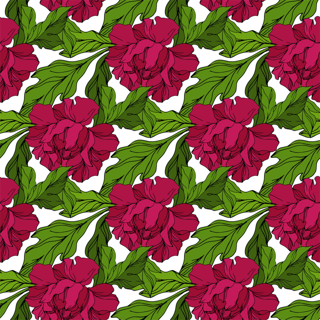 Peony floral botanical flowers. Wild spring leaf wildflower isolated. Engraved ink art. Seamless background pattern. - Vector, Image