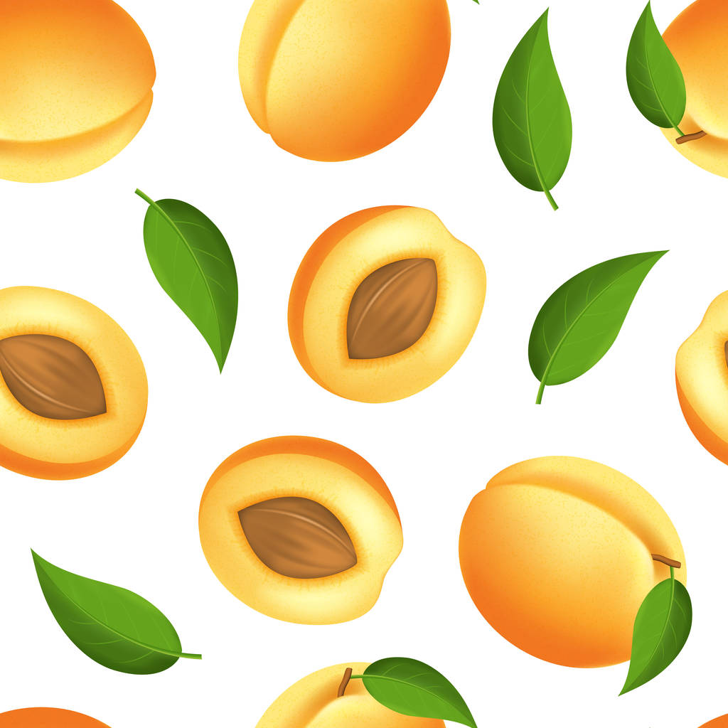 Realistische gedetailleerde 3D hele abrikozen met groene blad naadloze patroon achtergrond. Vector - Vector, afbeelding