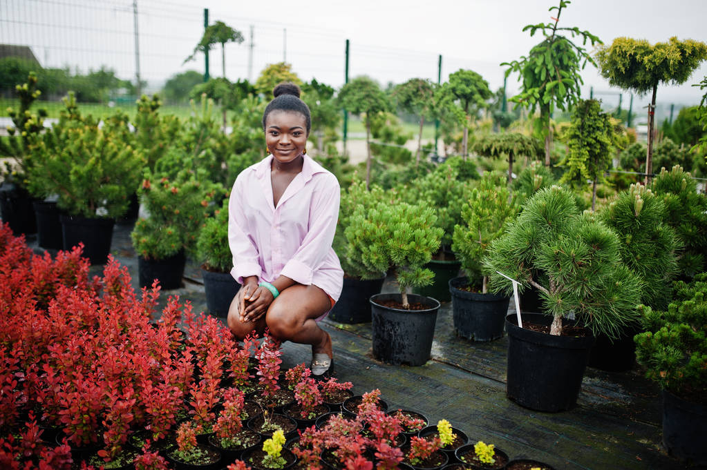 Afrikkalainen nainen vaaleanpunainen suuri paita poseerasi puutarhassa taimet
 - Valokuva, kuva