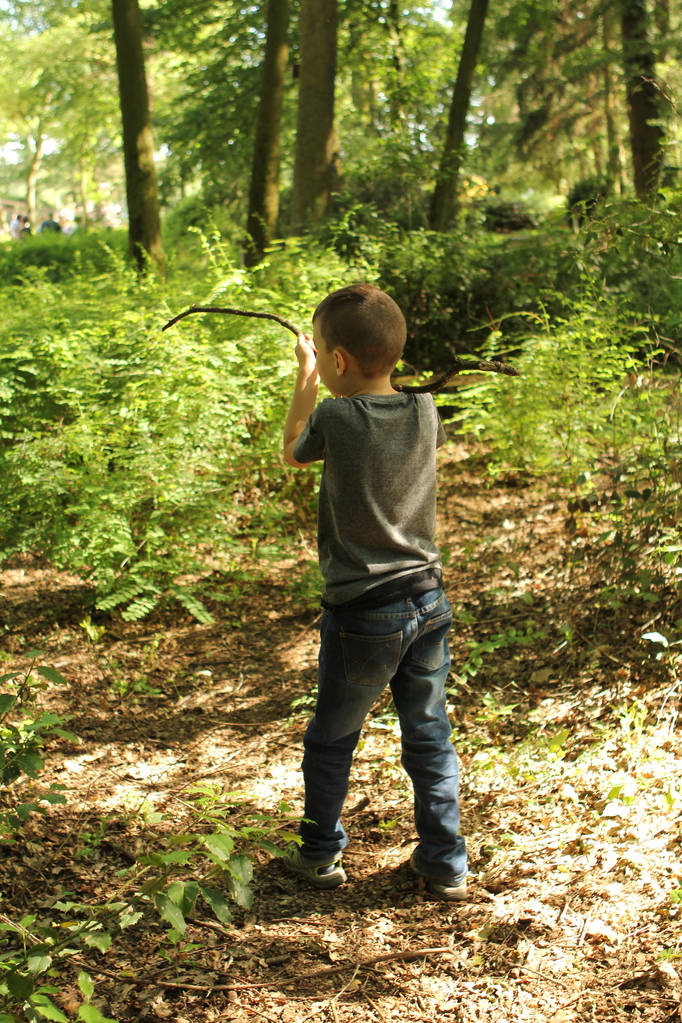 Мальчик, школьник играет с палкой в парке, вид сзади
 - Фото, изображение