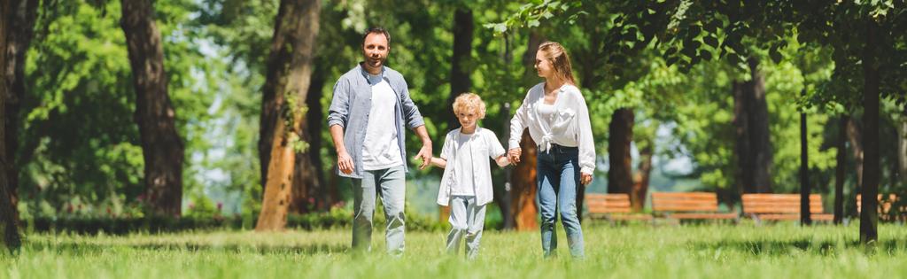 pohled na rodinné příslušníky držící ruce a běh v parku během dne - Fotografie, Obrázek