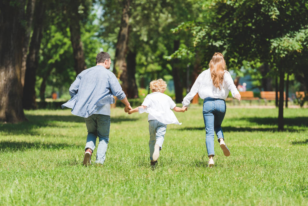 visão traseira da família de mãos dadas e correndo no parque durante o dia
 - Foto, Imagem