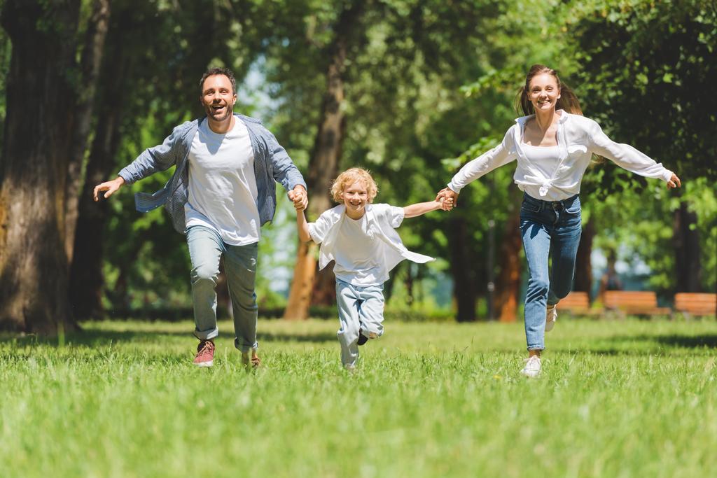hymyilevä perhe pitää toisiaan kädestä ja juoksee puistossa päivällä
 - Valokuva, kuva